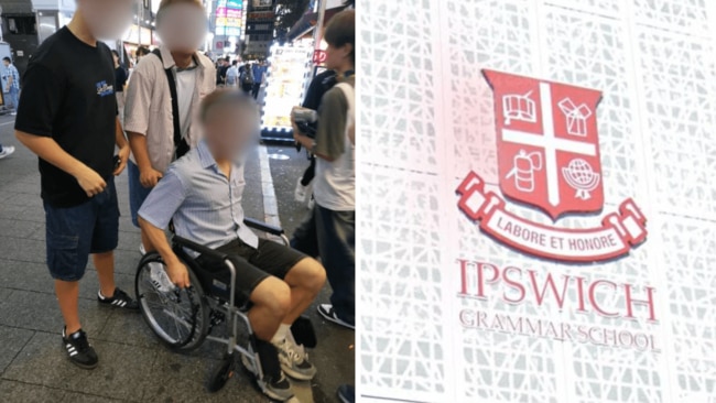 A photo of the boys was posted by the wheelchair owner to social media. News.com.au has chosen to blur their faces as they are under 18. Picture: Supplied