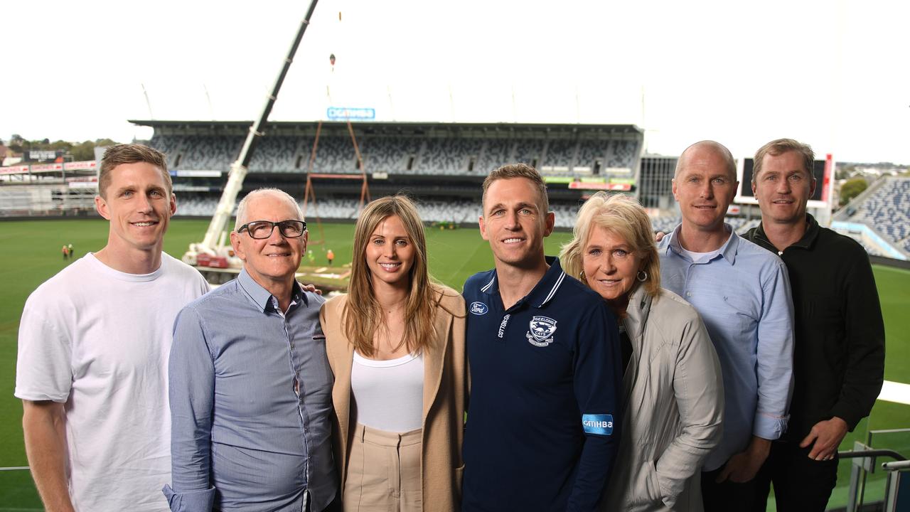 The Selwood clan. (L) Scott Selwood, Bryce Selwood, Brit Selwood, Joel Selwood, Maree Selwood, Troy Selwood and Adam Selwood pose for a photo after Joel announced his retirement. Photo by Morgan Hancock/AFL Photos.