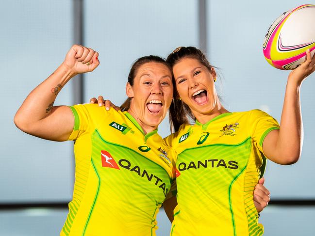 Sharni Williams and Demi Hayes celebrate the expansion of the HSBC Women's World Rugby Sevens Series. Photo: Rugby AU Media/Stuart Walmsley