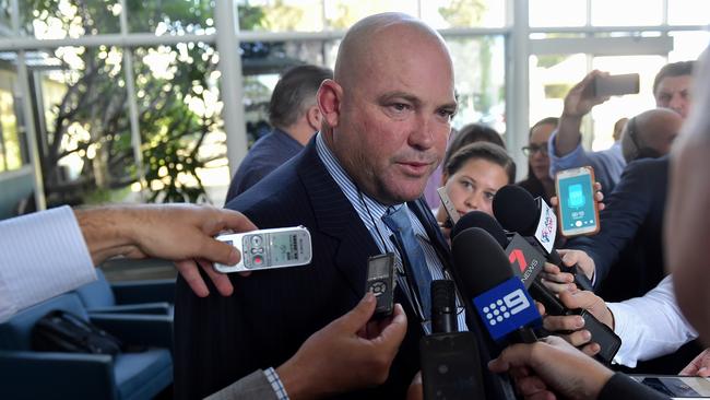 Peter Moody addresses the media after his hearing at Racing Victoria. Picture: Jay Town