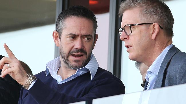 Saints footy manager Simon Lethlean chats with AFL footy operations manager Steven Hocking. Pic: Michael Klein