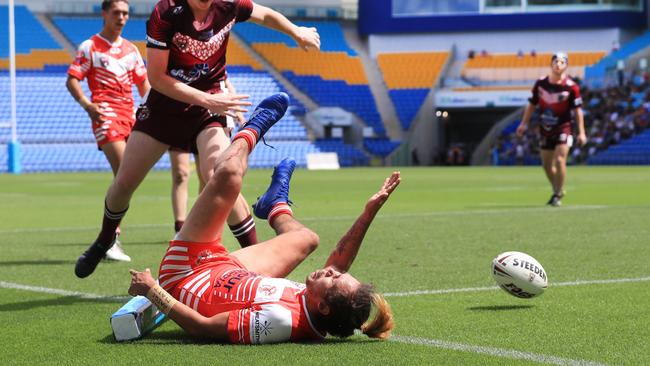 17th October 2020, Currumbin Eagles player Tylee Donovan takes a dramatic aerial dive to score in the corner during the Gold Coast Rugby League Under 18Ã•s Grand Final against the Burleigh Bears played at CBus Stadium Photo: Scott Powick Newscorp