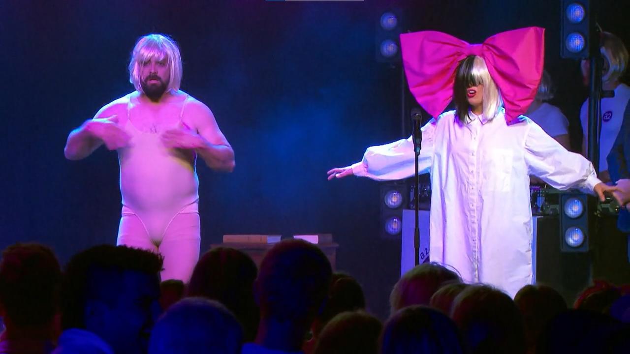 Ronnie leaves little to the imagination in a flesh-coloured leotard to perform Sia’s Chandelier with wife Georgia. Picture: supplied, Channel 9