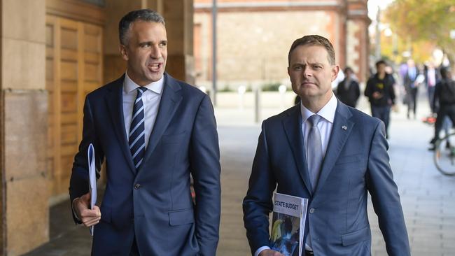 South Australian Premier Peter Malinauskas, left, and Treasurer Stephen Mullighan in Adelaide on Thursday. Picture: NewsWire / Roy VanDerVegt