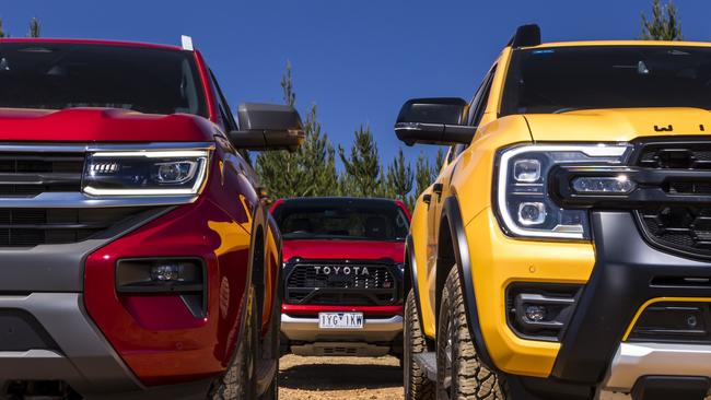 2023 Toyota HiLux GR, Ford Ranger Wildtrak X, Volkswagen Amarok PanAmericana comparison test. Photo: Mark Bean