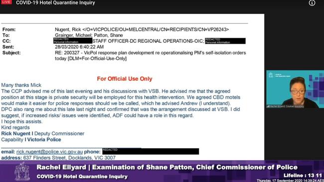 The email sent by Deputy Commissioner Rick Nugent top officer Patton email seen by Hotel quarantine inquiry today. Supplied