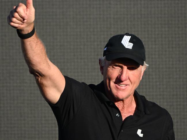 ADELAIDE, AUSTRALIA - APRIL 23: LIV Golf CEO & Commissioner Greg Norman acknowledges the crowd as he walks onto the podium during the trophy presentation during day three of Liv Golf Adelaide at The Grange Golf Course on April 23, 2023 in Adelaide, Australia. (Photo by Asanka Ratnayake/Getty Images)