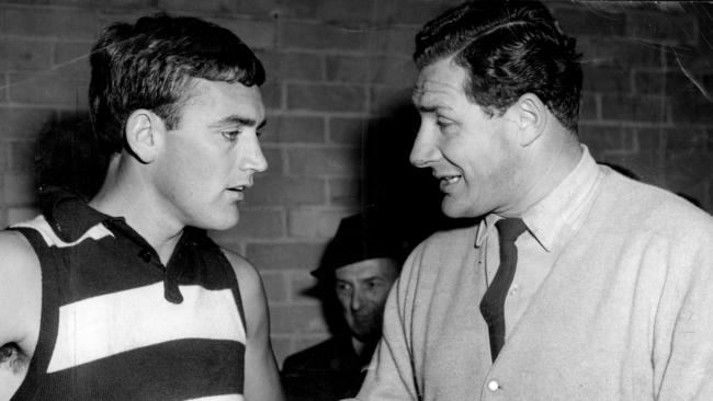 1964. Geelong coach Bob Davis has a word with Stewart Lord after training. Source: Bob Gartland Collection