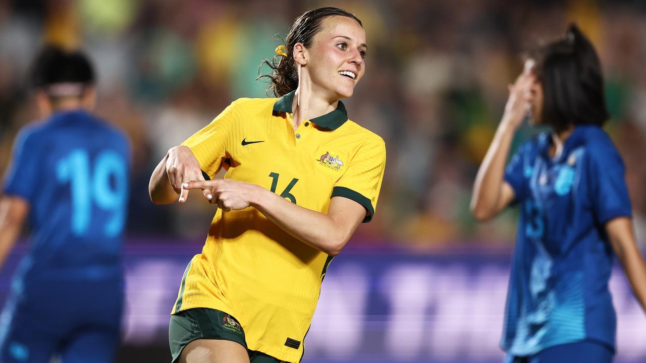 GOSFORD, AUSTRALIA - NOVEMBER 15: Haley Raso of the Matildas celebrates scoring a goal during the International Friendly match between the Australia Matildas and Thailand at Central Coast Stadium on November 15, 2022 in Gosford, Australia. (Photo by Matt King/Getty Images)