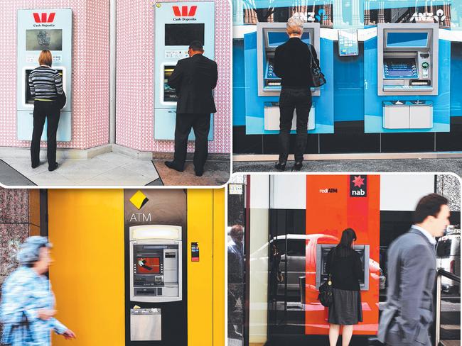 A montage of ATMs from the big four banks Westpac, ANZ, National Australia Bank (NAB) and Commonwealth (CBA).