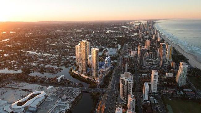 The Star Gold Coast Masterplan Development (viewed from the South East) at its island site at Broadbeach where the two existing towers will be joined by Tower 1 starting construction in August followed by four proposed towers intended to be rolled out progressively to 2028