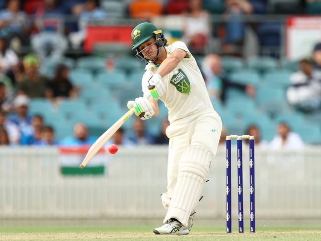 CANBERRA, AUSTRALIA - DECEMBER 01: Sam Konstas of the Pm's XI bats during day two of the tour match between Prime Minister's XI and India at Manuka Oval on December 01, 2024 in Canberra, Australia. (Photo by Mark Nolan/Getty Images)