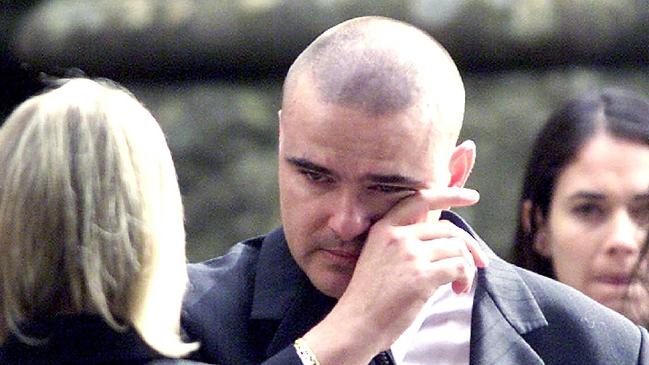 Matthew Wales sheds a tear at the funeral of his mother Margaret Wales-King and Paul King. Picture: Trevor Pinder