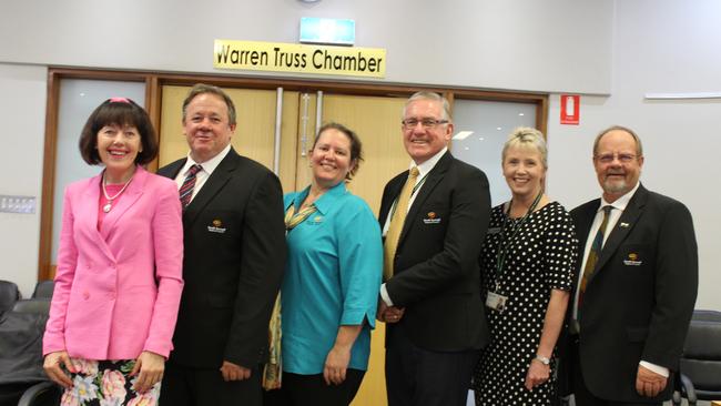 Deputy Mayor Kathy Duff, Cr Gavin 'Spud' Jones, Cr Danita Potter, Mayor Keith Campbell, Cr Roz Frohloff and Cr Terry Fleischfresser (Absent: Cr Ros Heit) at the last council meeting before voters went to the polls. Photo: Laura Blackmore