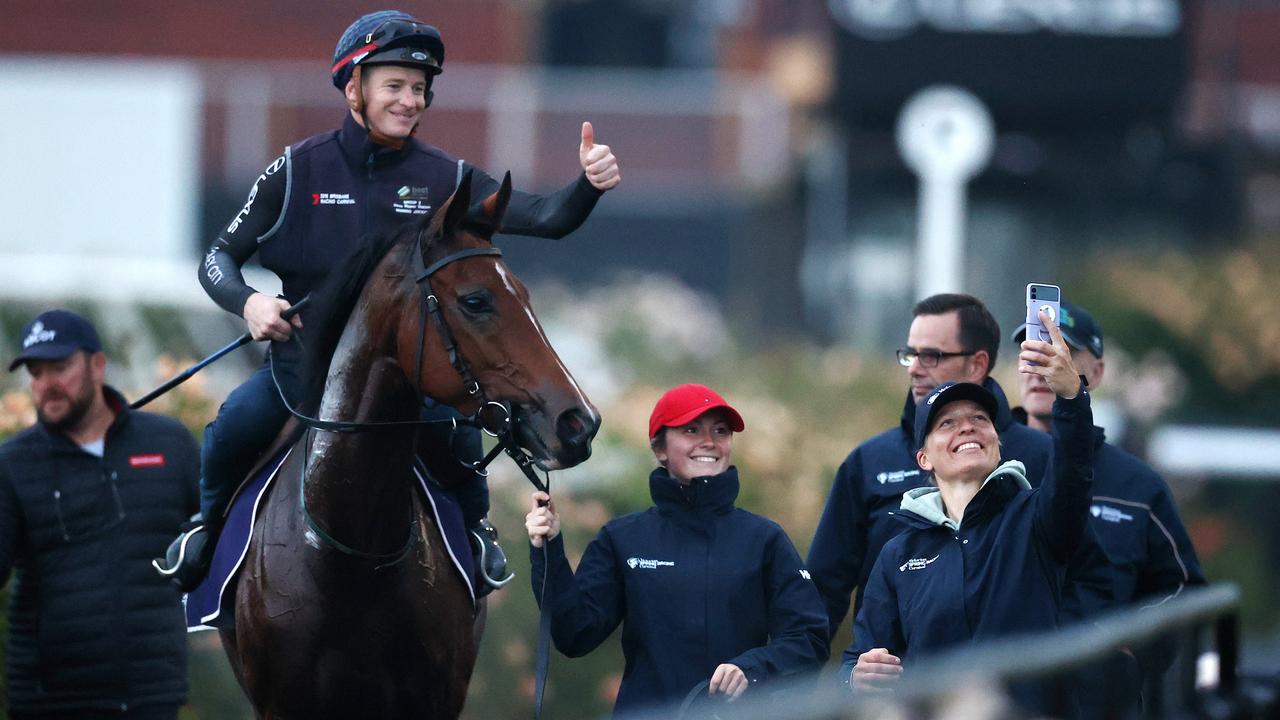 All smiles from the Loft team at Flemington gallops Tuesday. Picture: Michael Klein