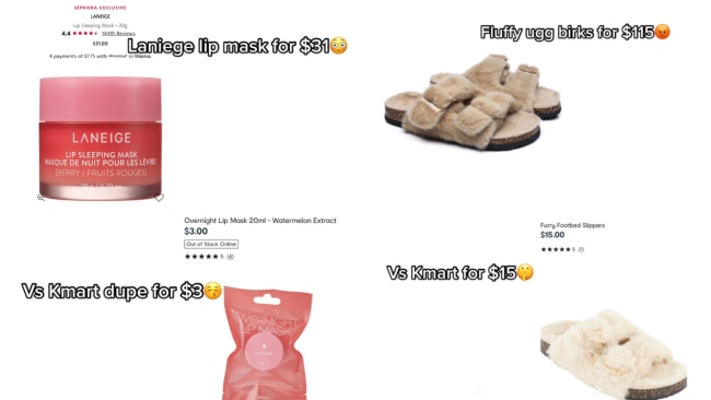 Kmart is selling beauty products like expensive brands, as well as fluffy birks. Source: TikTok.