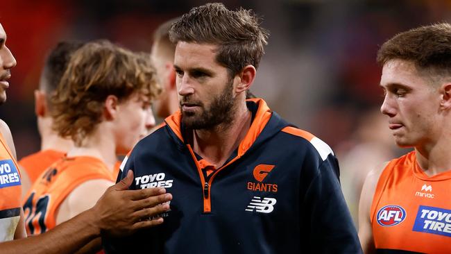GWS inaugural co-captain Callan Ward is yet to decide on his playing future, but will undergo ACL surgery in two weeks’ time after a devastating rupture. Picture: Michael Willson / Getty Images