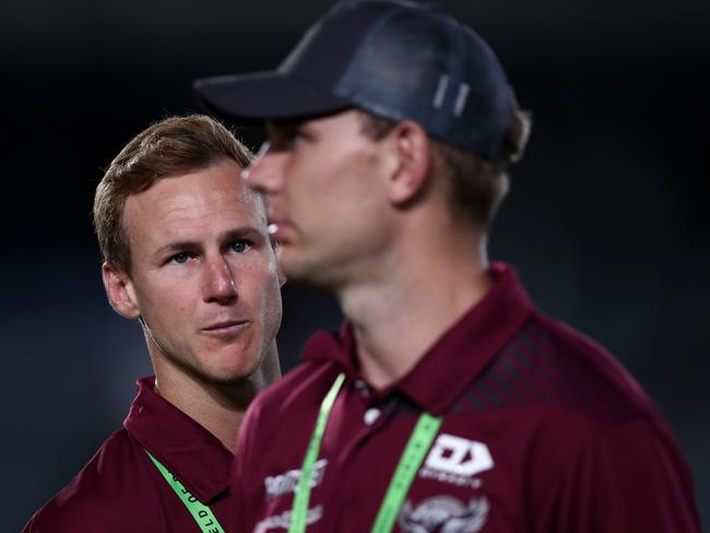 GOSFORD, AUSTRALIA - FEBRUARY 10: Daly Cherry-Evans talks to Tom Trbojevic of the Sea Eagles following the South Sydney Rabbitohs and the Manly Sea Eagles at Industree Group Stadium on February 10, 2023 in Gosford, Australia. (Photo by Jason McCawley/Getty Images)