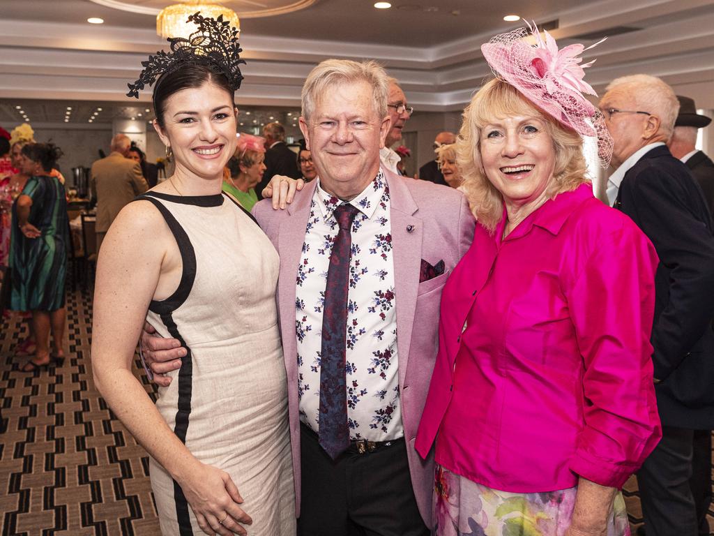 At Hope Horizons Melbourne Cup charity lunch are (from left) Katelyn Venn, James Venn and Maree Schwerin, the lunch is hosted by Rotary Club of Toowoomba City at Burke and Wills Hotel, Tuesday, November 5, 2024. Picture: Kevin Farmer