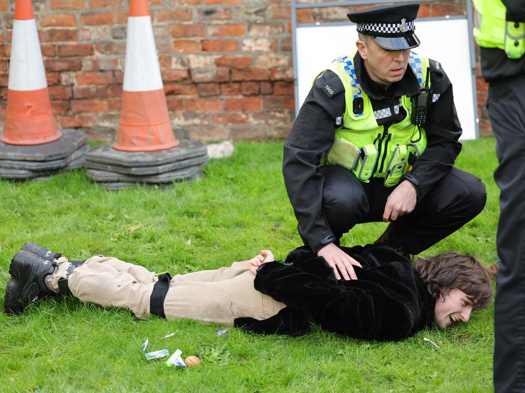 Police arrest a man after allegedly throwing an egg as King Charles III and Camilla, Queen Consort. Picture: Getty Images