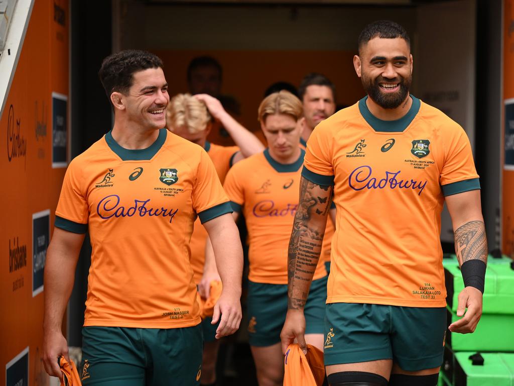 Josh Nasser and Lukhan Salakaia-Loto during a Wallabies captain's run at Suncorp Stadium. Picture: Getty Images