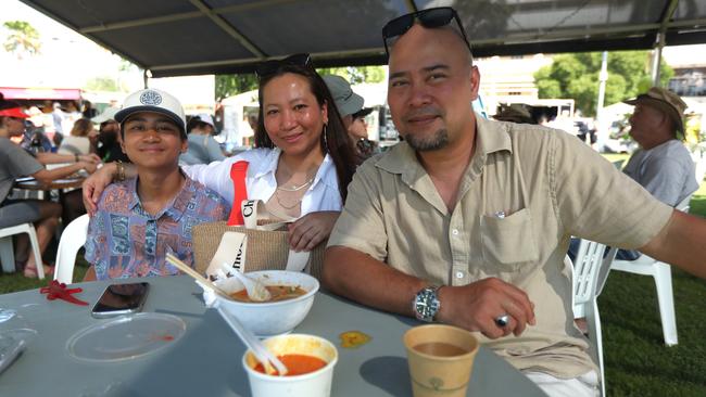 Thaqif Irwanizam, 11, Nurimah Jukiman and Irwanizam at the 2024 Darwin International Laksa Festival on Sunday, November 3. Picture: Zizi Averill