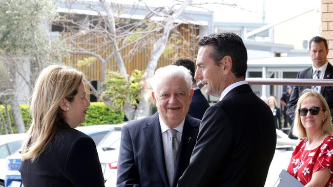 Annastacia Palaszczuk, premier of QLD, Henry Palaszczuk, and John Ahern, At the State Funeral Service for Mike Ahern AO, at Our Lady of the Rosary Catholic Church, Caloundra, on Friday 25th August 2023 - Photo Steve Pohlner