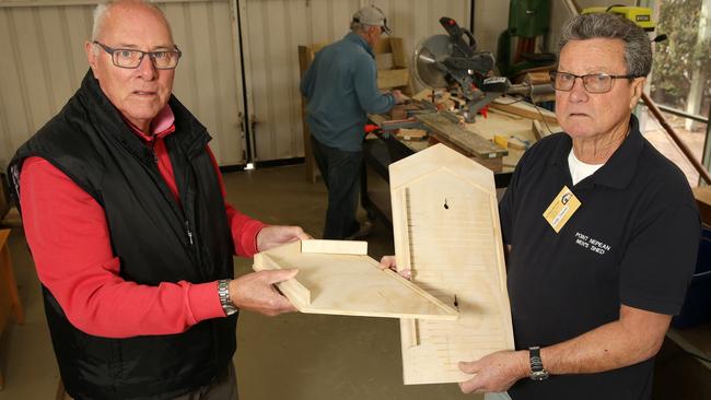 Marshall Rigbye and Paddy Downes with the microbat nesting boxes. Picture: Norm Oorloff