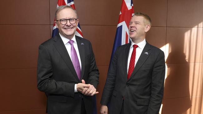 Anthony Albanese and New Zealand Prime Minister Chris Hipkins during their bilateral meeting in Wellington, New Zealand. Picture: Getty Images.