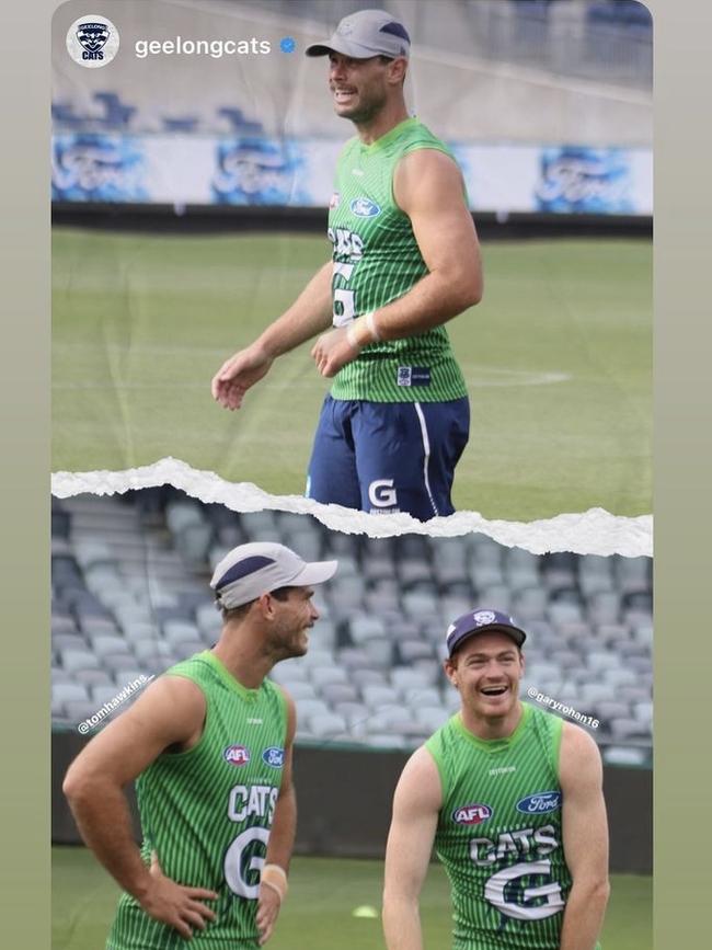 Tom Hawkins and Gary Rohan on the Geelong Football Club Instagram account. Picture: Supplied.