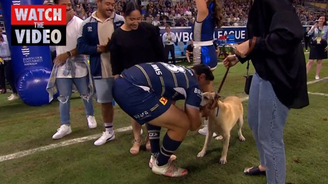 Jason Taumalolo celebrates 201st game with his dog (Fox Sports)