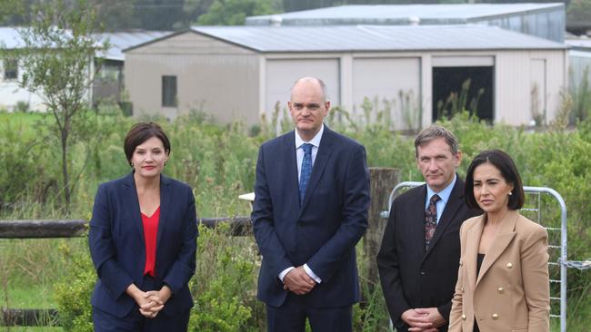 Opposition Leader Jodi McKay, The Ponds High School P and C president Roland de Pree, Blacktown State Labor MP Stephen Bali and Shadow Education spokeswoman Prue Car outside the proposed location of Tallawong Primary School in Rouse Hill.