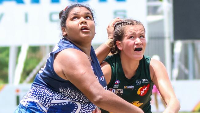 Darwin Buffettes Molly Althouse and Paula Pavic of St Mary's contest the ball in the NTFL Women's Premier League. Picture: Celina Whan / AFLNT Media