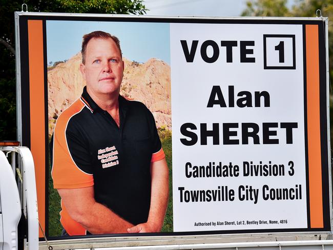 Townsville City Council Division 3 Candidate Alan Sheret's billboard during the 2020 local government election. Picture: Alix Sweeney