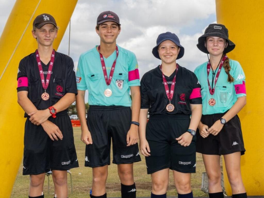 Football Queensland Premier League U16 Referees (Kye Carter) - AR1 (Ella Rucci) - AR2 (Indiana Whiteaker) - 4th Official (Jaemon Groves). Picture: Football Queensland