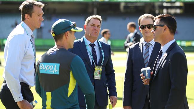 Former teammates Glenn McGrath, Justin Langer, coach of Australia, Shane Warne, Mark Waugh and Ricky Ponting at the MCG on Boxing Day last year. Picture: Getty Images