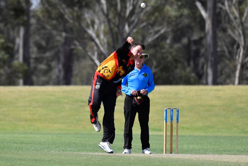 Liebke Lions captain Cameron Brimblecombe bowls against George Banks Umbrellas in Darling Downs Bush Bash League (DDBBL) round five T20 cricket at Highfields Sport Park, Sunday, October 20, 2019. Picture: Kevin Farmer