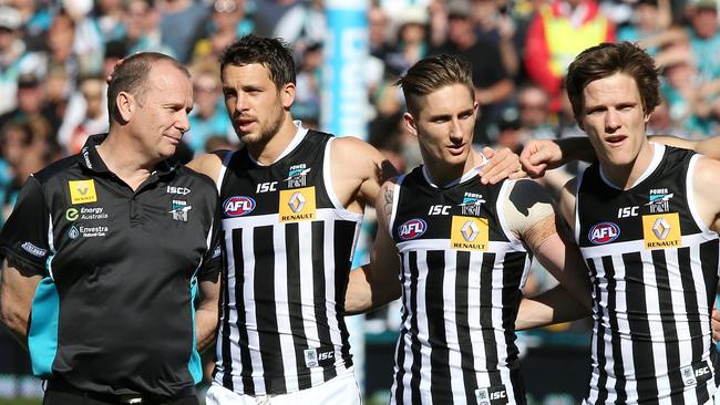 HERITAGE. Port Adelaide last wore the “prison bars” in the AFL during the 2014 elimination final against Richmond at Adelaide Oval. Many Power fans wish the jumper would be worn at all AFL games at the Oval. Picture: Sarah Reed.