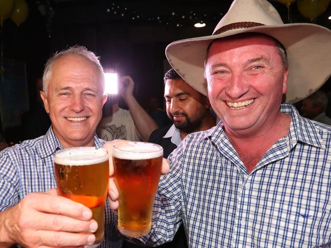 2/12/2017: PM Malcolm Turnbull joins Barnaby Joyce, celebrates with a beer his win in the New England by election at a Nationals post poll party at the Southgate Inn, in Tamworth, NSW. Joyce had to re win the seat of New England, after the high court ruled him ineligible over his citizenship. Lyndon Mechielsen/The Australian