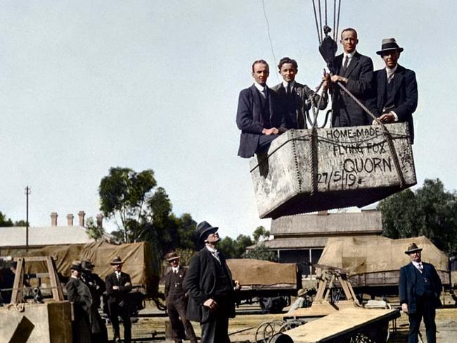 A Colourful History - QUORN, SOUTH AUSTRALIADATE: 1919The original photograph of this edited and colourised picture was taken in 1919 and is called "Four men aloft in a homemade flying fox at Quorn" (B 55502). The photo is from the State Library of South Australia, Quorn Collection.