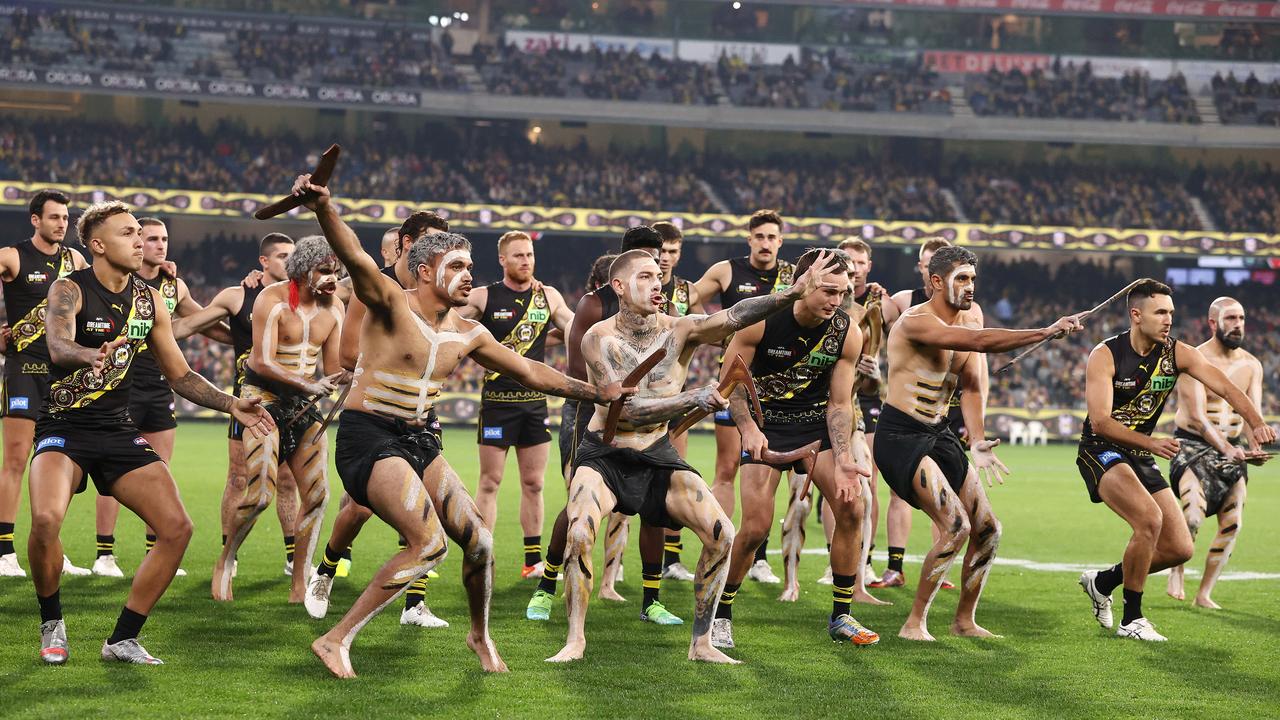 AFL Dreamtime at the G Richmond Tigers war dance before Essendon