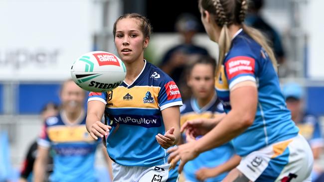 Jetaya Faifua of the Titans passes the ball during the round four NRL match between the Gold Coast Titans and the Brisbane Broncos at Cbus Super Stadium, on March 19, 2022, in Gold Coast, Australia. (Photo by Bradley Kanaris/Getty Images)