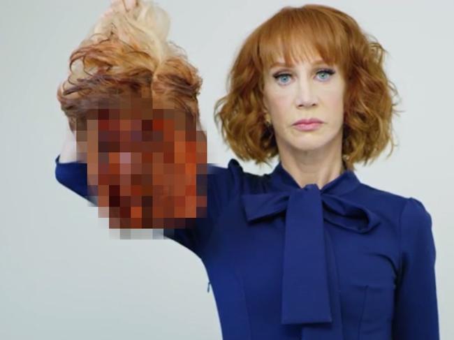 Kathy Griffin was fired from CNN after holding a photo of a fake bloodied Trump head. Picture: Tyler Shields