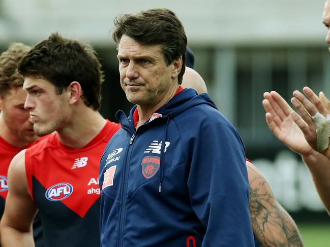 AFL - Round 23 Geelong v Melbourne at Simonds Stadium. Coach Paul Roos leave's the huddle. 27th August 2016. Picture: Colleen Petch.