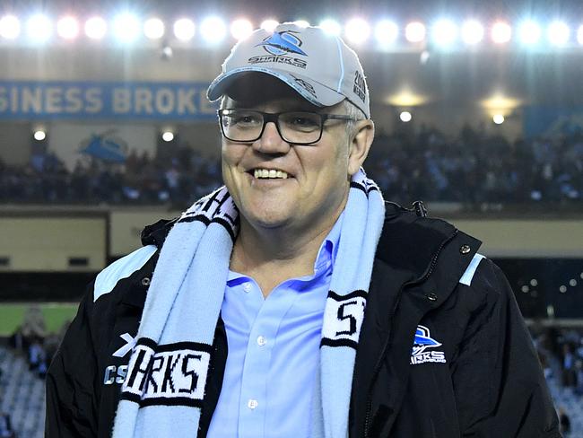 Prime Minister Scott Morrison seen during the Round 22 NRL match between the Cronulla Sharks and the St George Illawarra Dragons at Pointsbet Stadium in Sydney, Sunday, August 18, 2019. (AAP Image/Joel Carrett) NO ARCHIVING, EDITORIAL USE ONLY