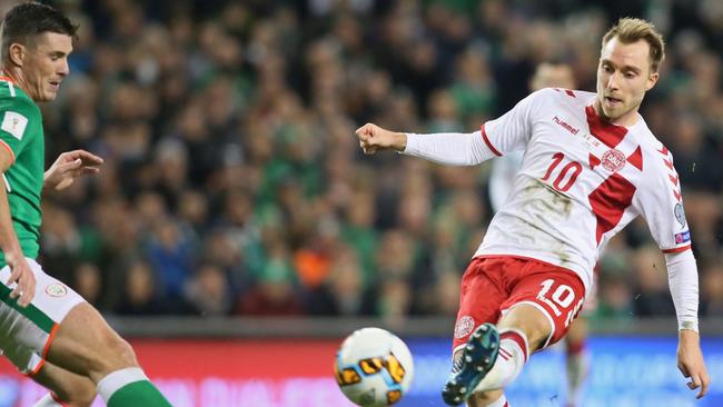 Danish superstar Christian Eriksen scores against Ireland in the second leg of their World Cup playoff.