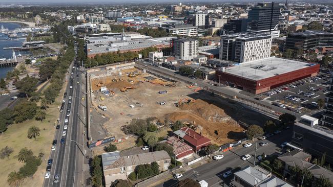 Aerial view of construction progress at Nyaal Banyul Geelong Convention and Event Centre. Picture: Alan Barber