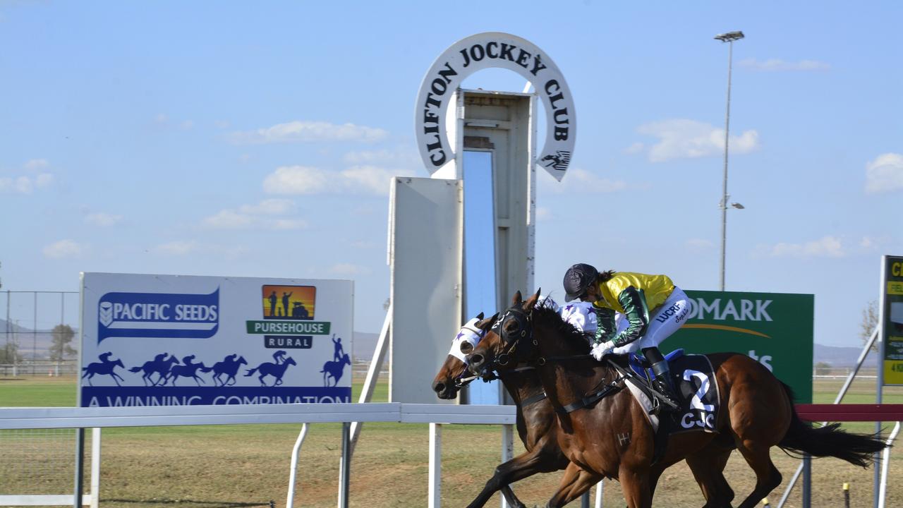 Toowoomba gelding and Country Cups Challenge Final hopeful Ritchford (outside) defeats Rather Salubrious in last month's Clifton Cup.