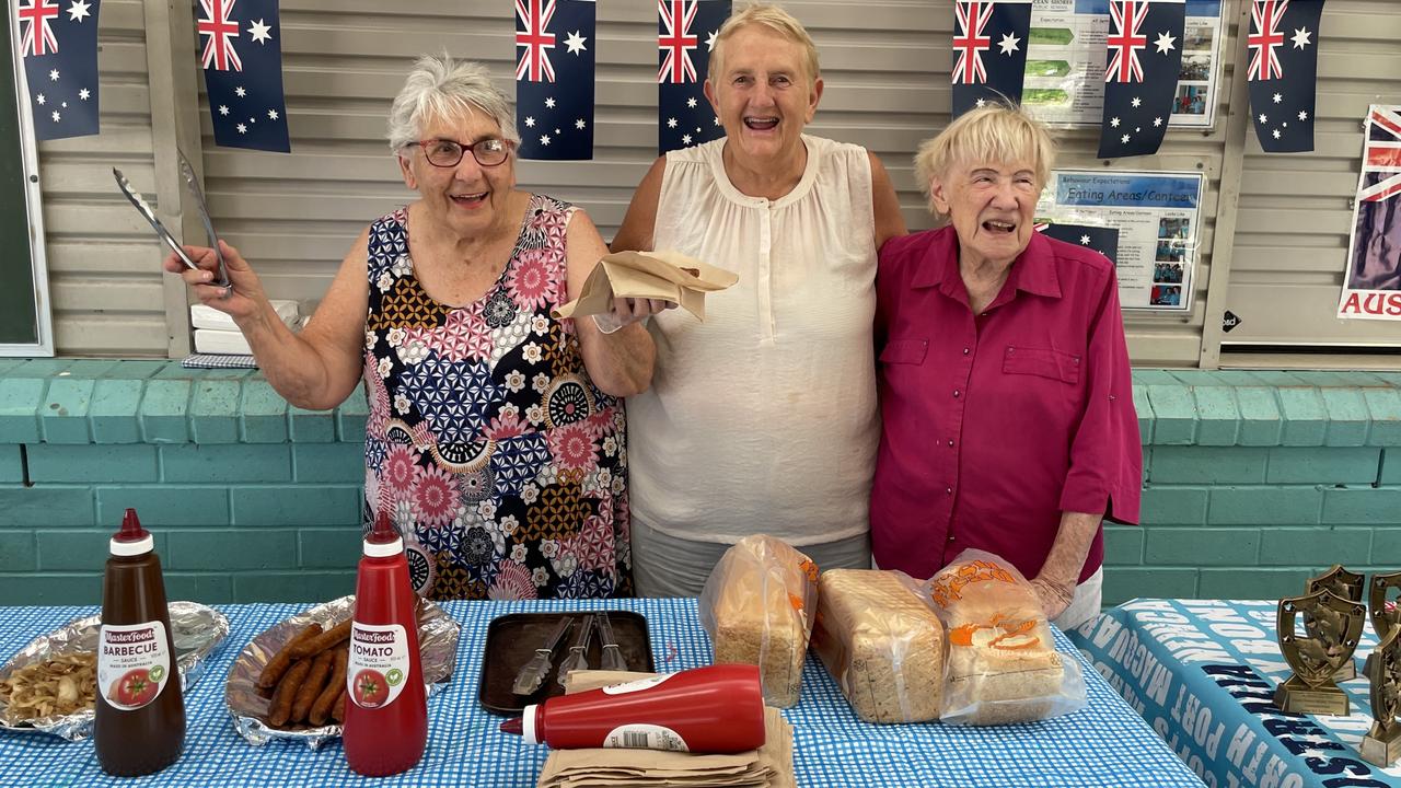 Jill, 78, Denise Stammers, 72, and Jan Mangleson, 84, at the Australia Day Mullet Throwing Championship in Ocean Shores on January 26. Picture: Savannah Pocock.