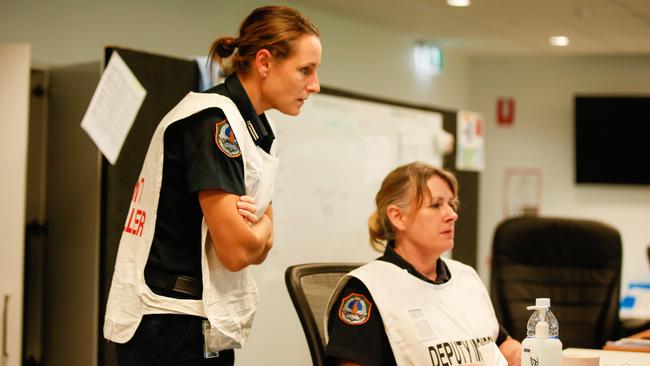 Incident controller Commander Janelle Tonkin and deputy incident controller Superintendent Kerr Hoskins inside the new Hidden Valley emergency operations centre, which has been set up to address the growing coronavirus pandemic. Picture: Glenn Campbell